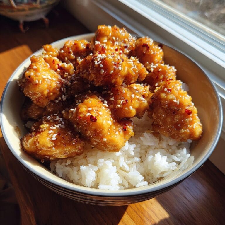 Bowl of Schnelles Honig Senf Hähnchen mit Reis, garnished with sesame seeds and chili flakes.