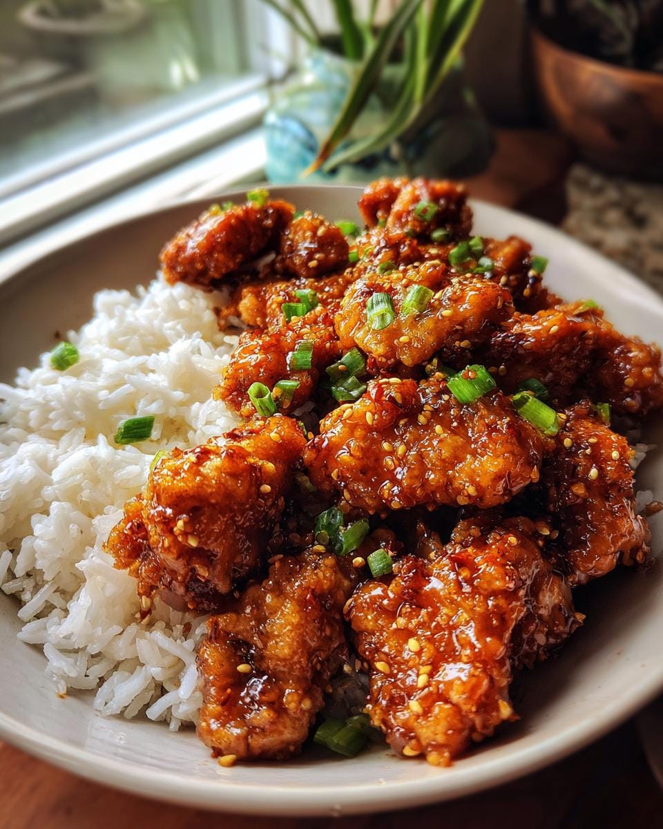 Close-up of Schnelles Honig Senf Hähnchen mit Reis rezept, garnished with green onions and sesame seeds.