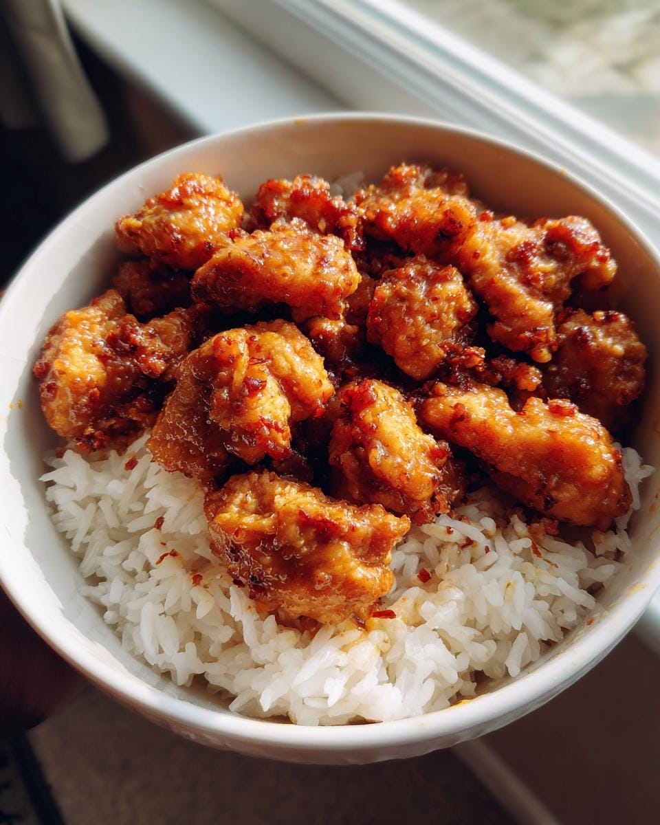 Bowl of Schnelles Honig Senf Hähnchen mit Reis rezept, featuring glazed chicken pieces over white rice.