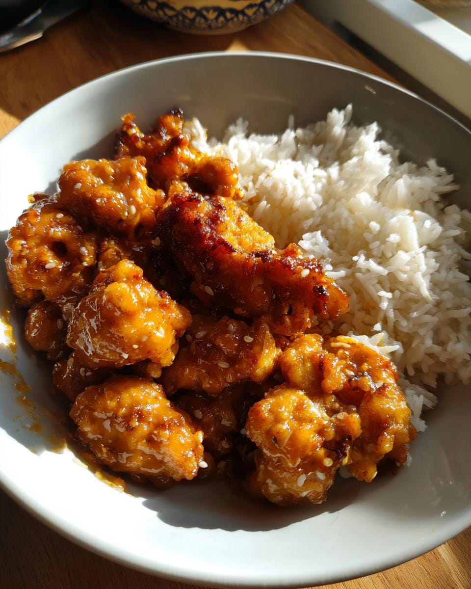 Close-up of Schnelles Honig Senf Hähnchen mit Reis, featuring glazed chicken and fluffy rice.