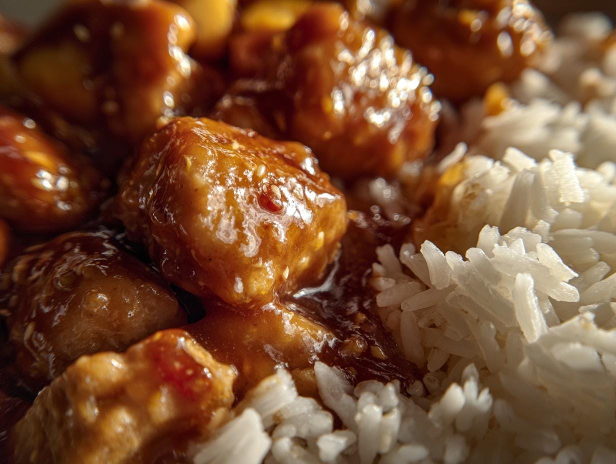 Close-up of Schnelles Honig Senf Hähnchen mit Reis, showing the chicken and rice texture.