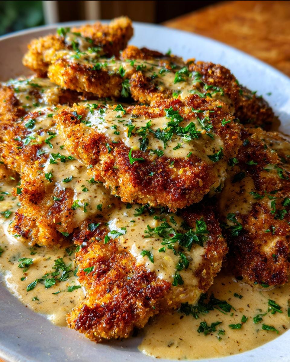 Close-up of Schnitzelpfanne, featuring golden-brown schnitzel topped with creamy sauce and fresh parsley.