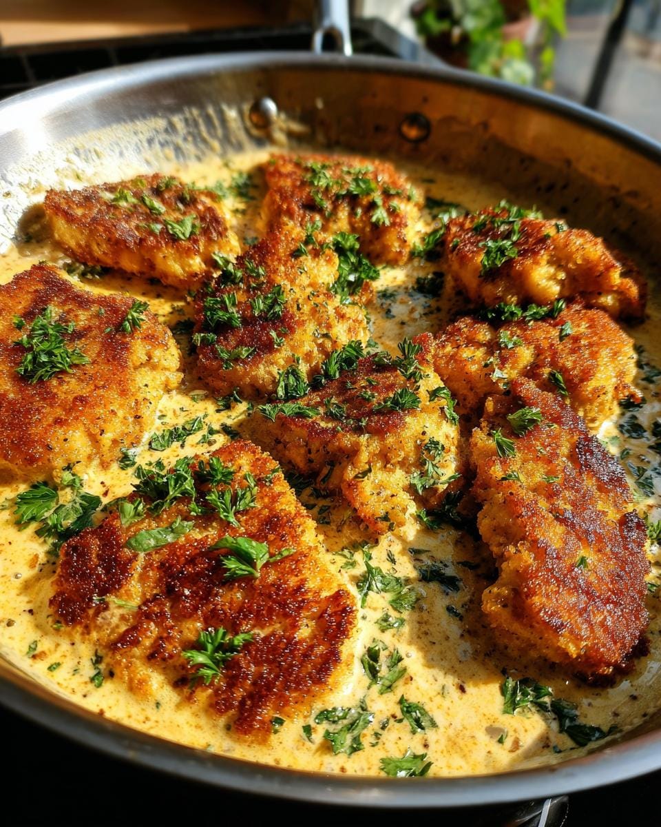 Close-up of Schnitzelpfanne, a German dish with breaded cutlets in a creamy sauce, garnished with parsley.