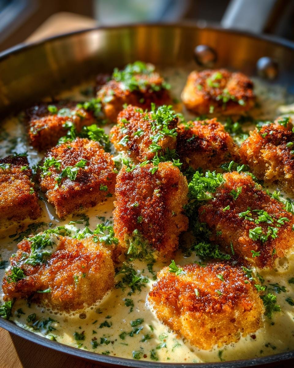 Close-up of Schnitzelpfanne, German pan-fried schnitzel in a creamy sauce, garnished with parsley.