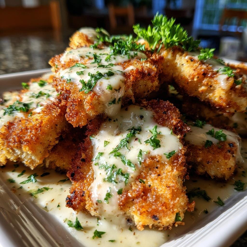 Close-up of Schnitzelpfanne, featuring golden-brown schnitzel topped with creamy sauce and fresh parsley.