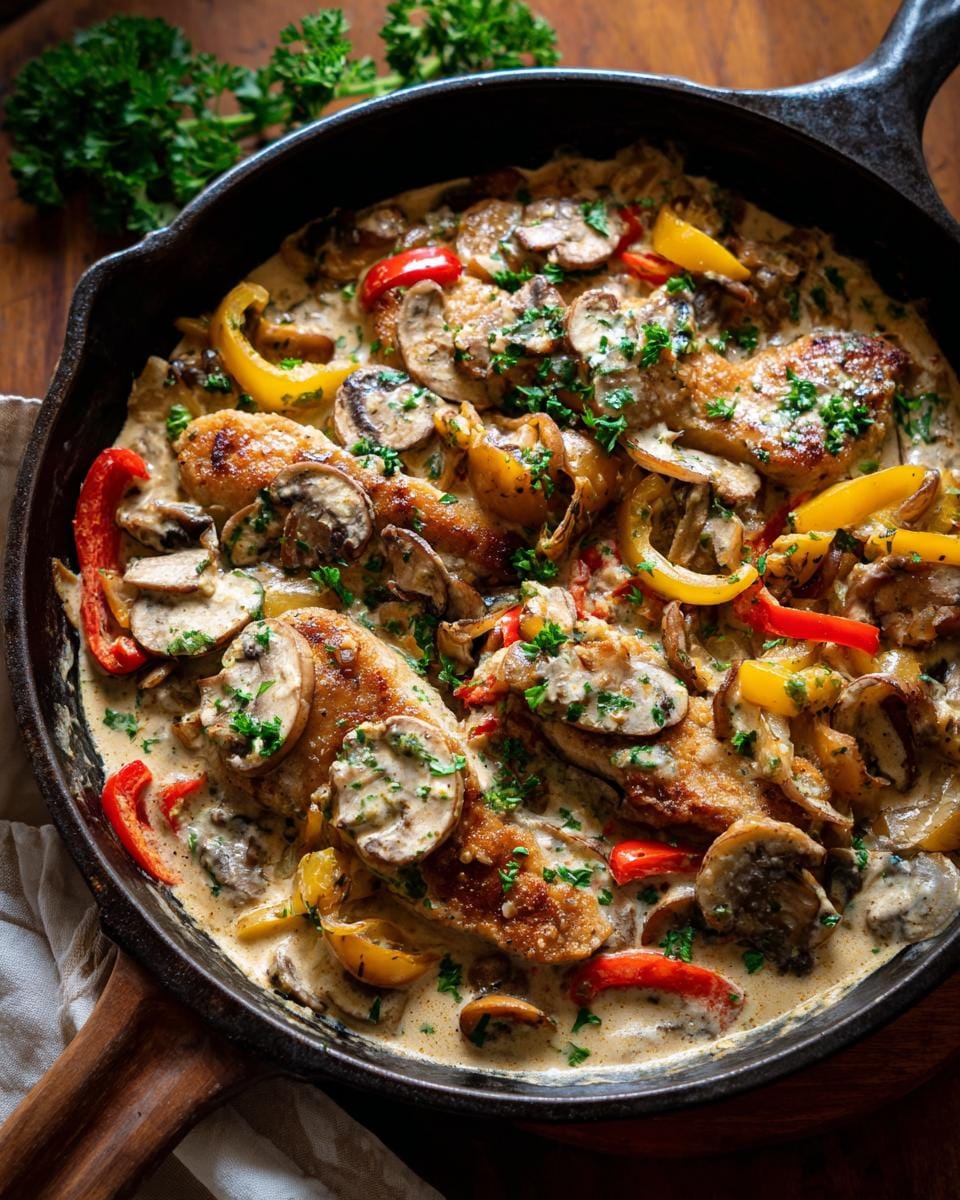 Overhead view of a Schnitzelpfanne in a skillet with mushrooms, peppers, and creamy sauce.
