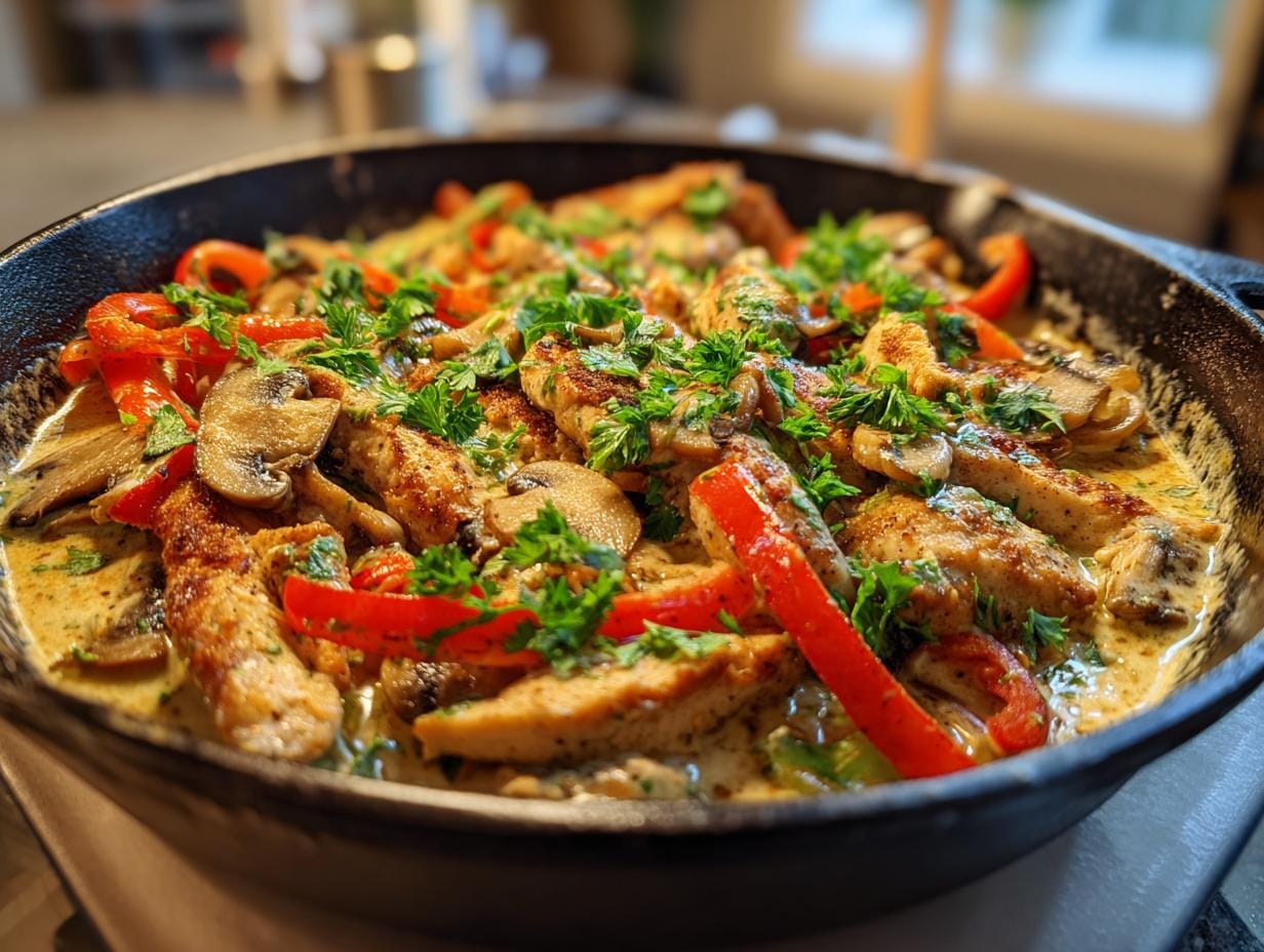 Close-up of Schnitzelpfanne in a pan with sliced schnitzel, mushrooms, red peppers, and parsley.