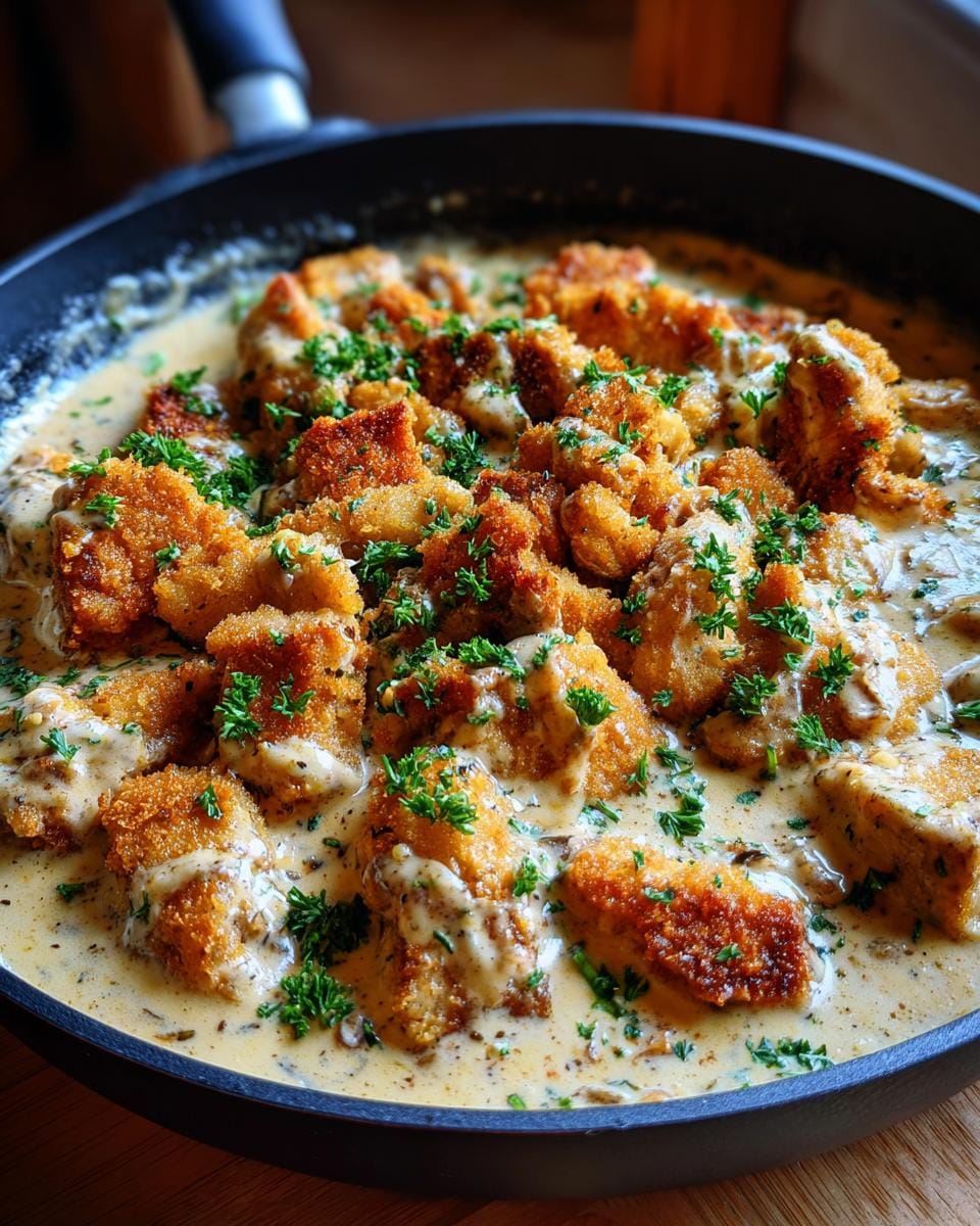 Close-up of Schnitzelpfanne, a German dish with breaded schnitzel pieces in a creamy mushroom sauce, garnished with parsley.