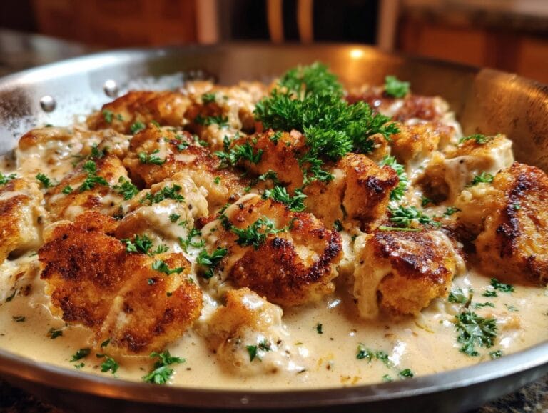 Close-up of Schnitzelpfanne, a German dish with crispy schnitzel in a creamy sauce, garnished with parsley.