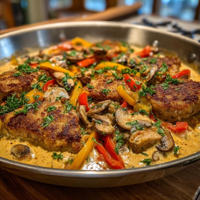 Close-up of Schnitzelpfanne in a pan with peppers, mushrooms, creamy sauce, and parsley garnish.