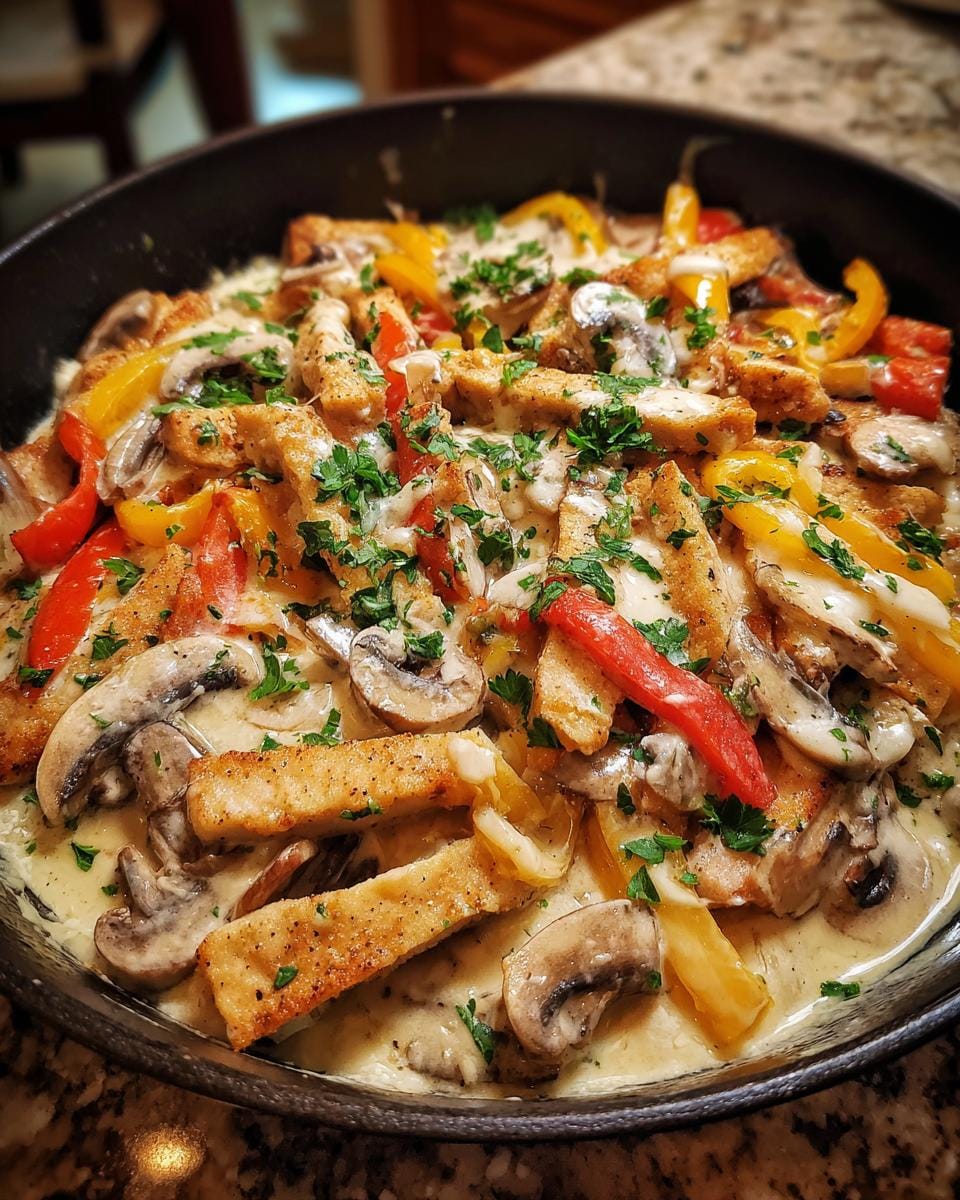 A pan of Schnitzelpfanne with sliced schnitzel, mushrooms, and colorful bell peppers in a creamy sauce.
