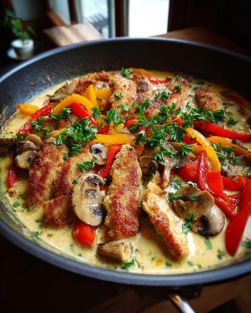 Close-up of Schnitzelpfanne in a pan with colorful peppers, mushrooms, and a creamy sauce.