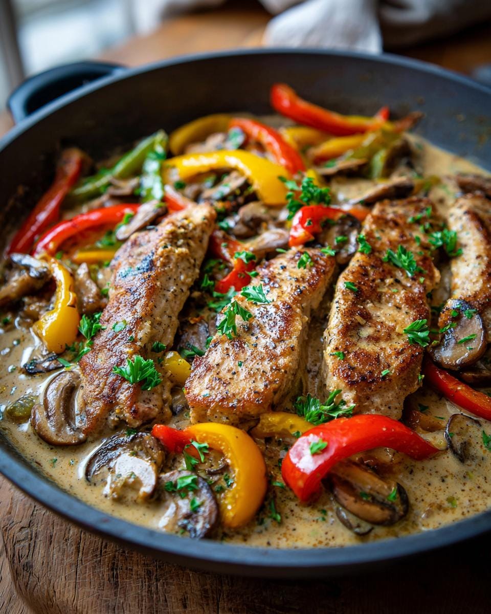 Close-up of Schnitzelpfanne with sliced pork, colorful bell peppers, and mushrooms in a creamy sauce.