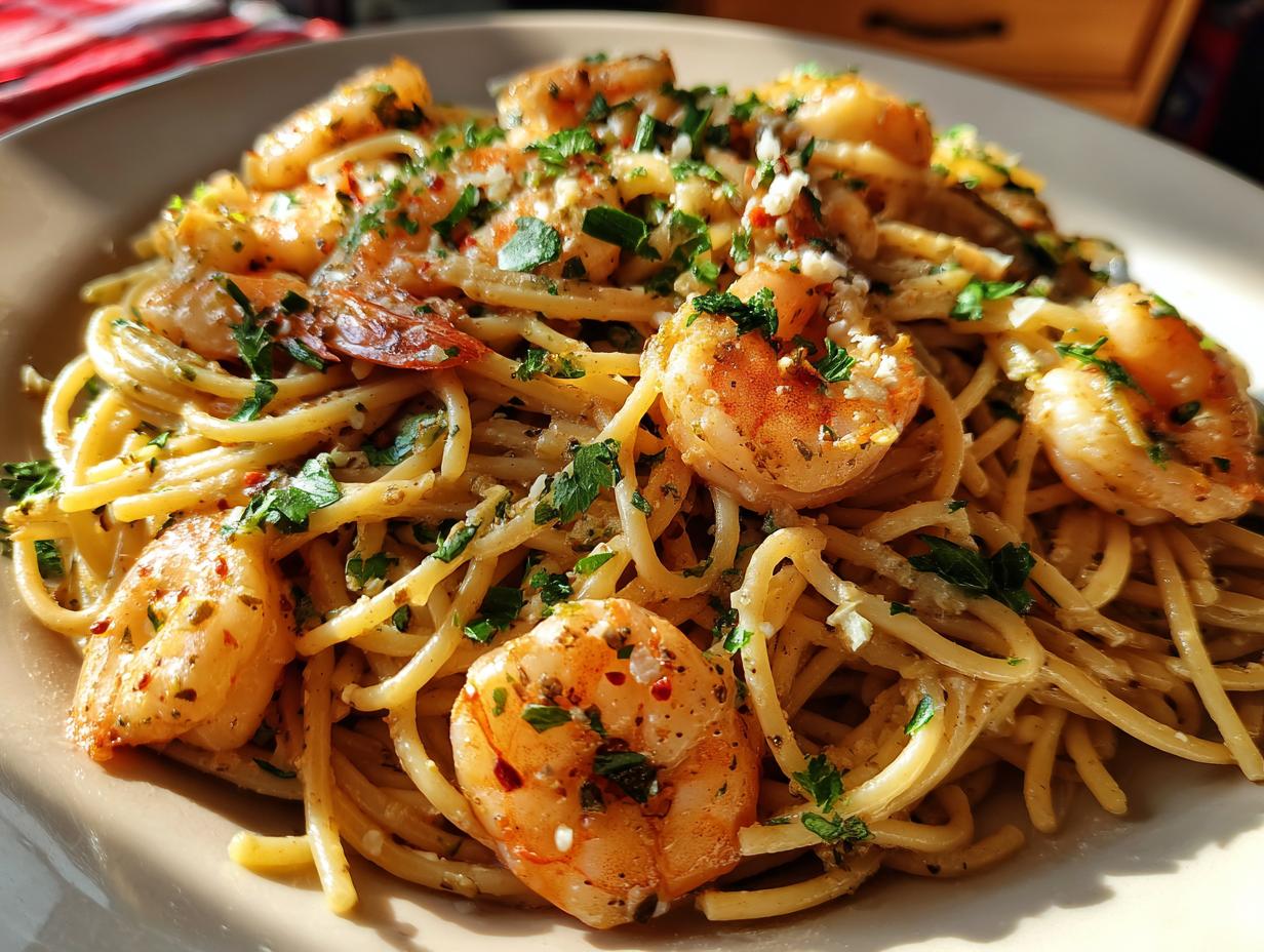 Close-up of Spaghetti mit Garnelen in Frischkäsesauce, featuring juicy shrimp and a creamy sauce.