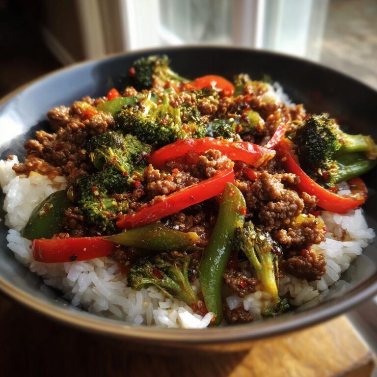 A delicious Spicy Ground Beef Stir-Fry Bowl with Garlic Veggies and Steamy Rice, featuring broccoli and peppers.