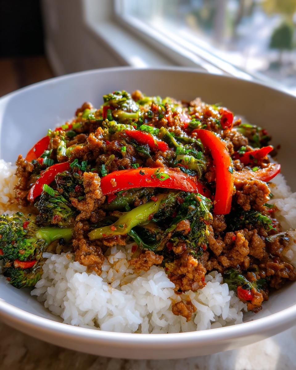 A bowl of Spicy Ground Beef Stir-Fry Bowl with Garlic Veggies & Steamy Rice, topped with red peppers and green onions.