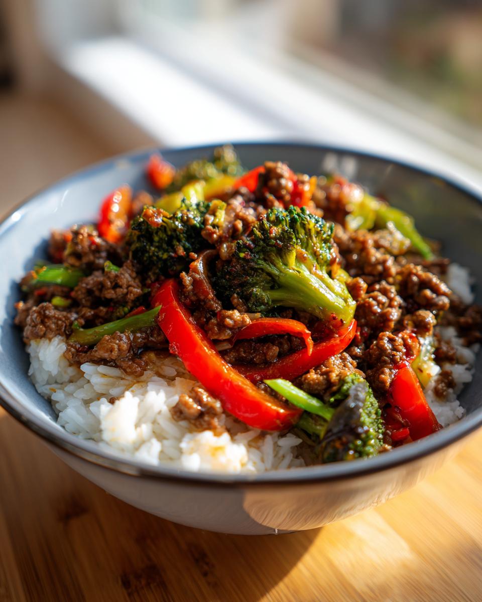 A delicious Spicy Ground Beef Stir-Fry Bowl with Garlic Veggies & Steamy Rice, featuring broccoli and red peppers.