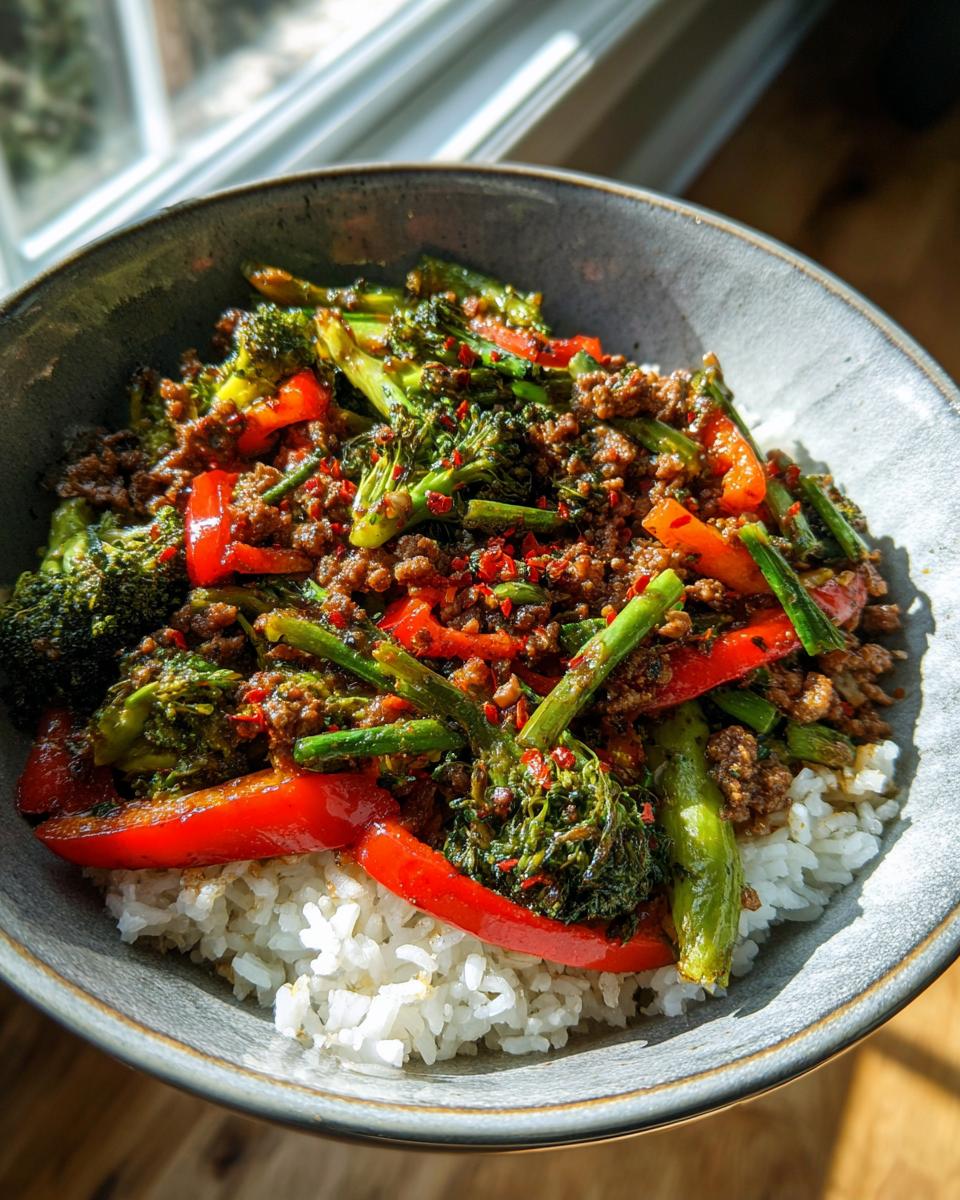 A bowl of Spicy Ground Beef Stir-Fry Bowl with Garlic Veggies & Steamy Rice, featuring broccoli, red pepper, and rice.