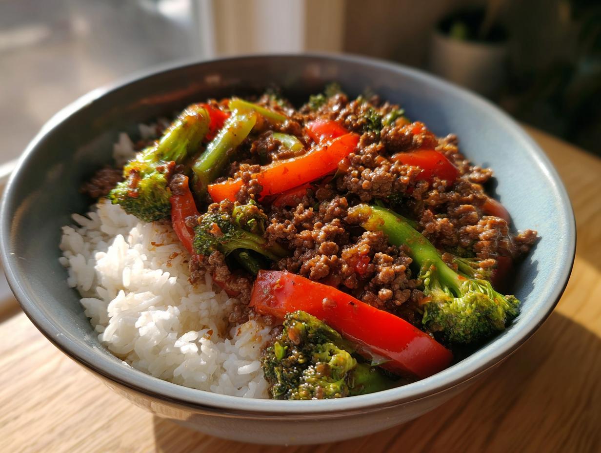 A bowl of Spicy Ground Beef Stir-Fry with Garlic Veggies & Steamy Rice, featuring broccoli and red peppers.