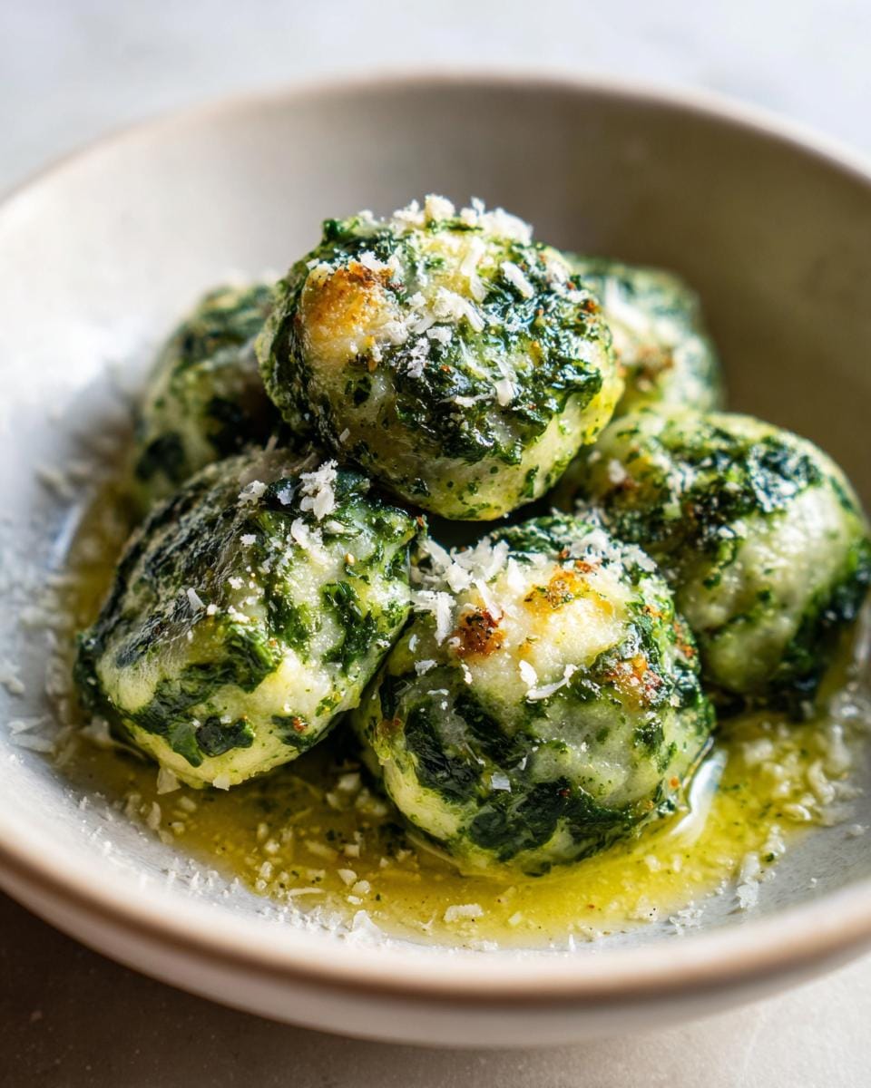 Close-up of Spinatknödel, a vegetarian spinach dumpling dish, topped with cheese and in a light sauce. Vegetarisches Rezept fürs Mittagessen.