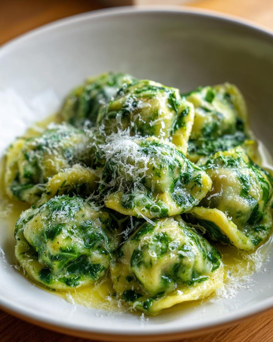 Close-up of Spinatknödel, a vegetarian recipe for lunch, topped with parmesan cheese.