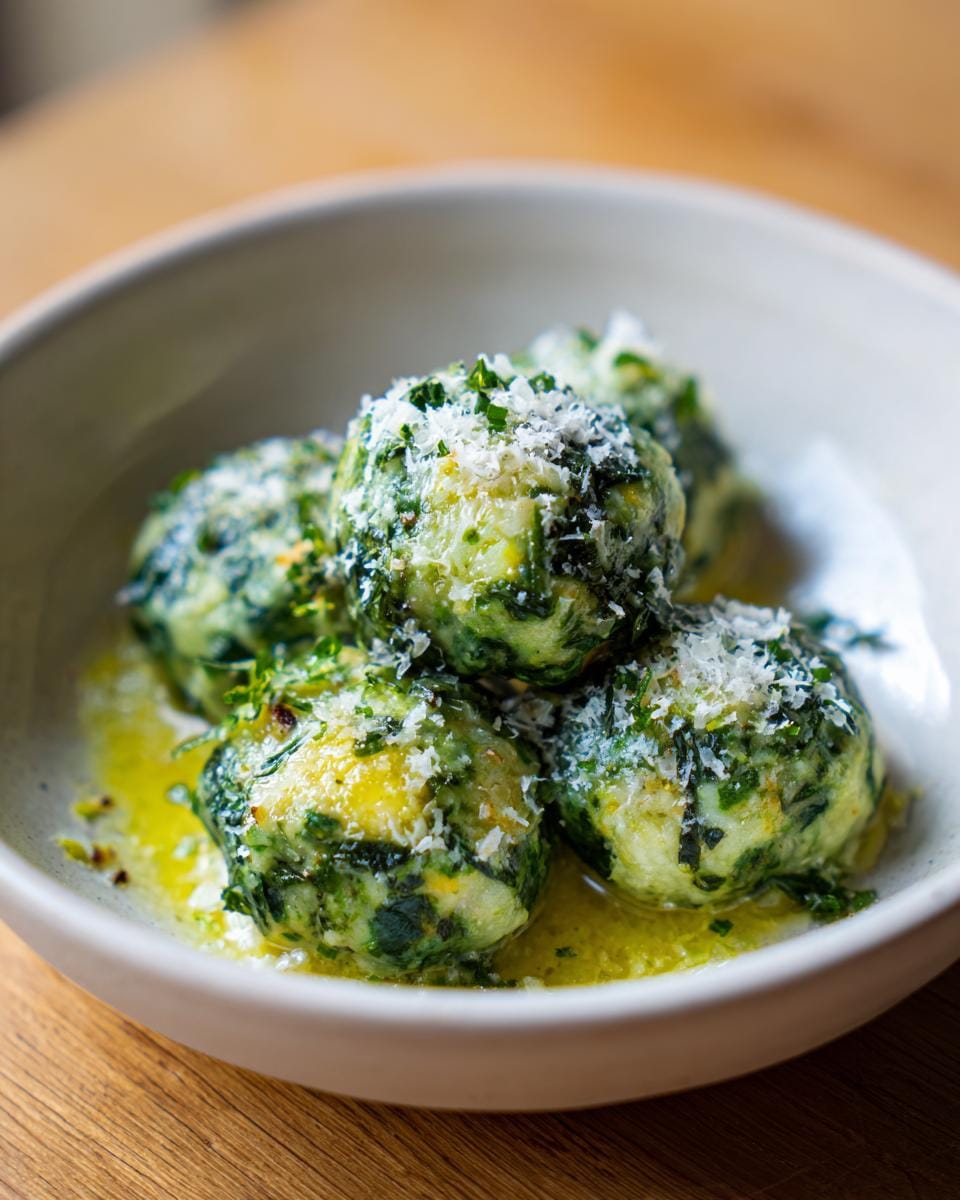 Close-up of Spinatknödel, a vegetarian recipe for lunch, in a bowl with melted butter and parmesan.