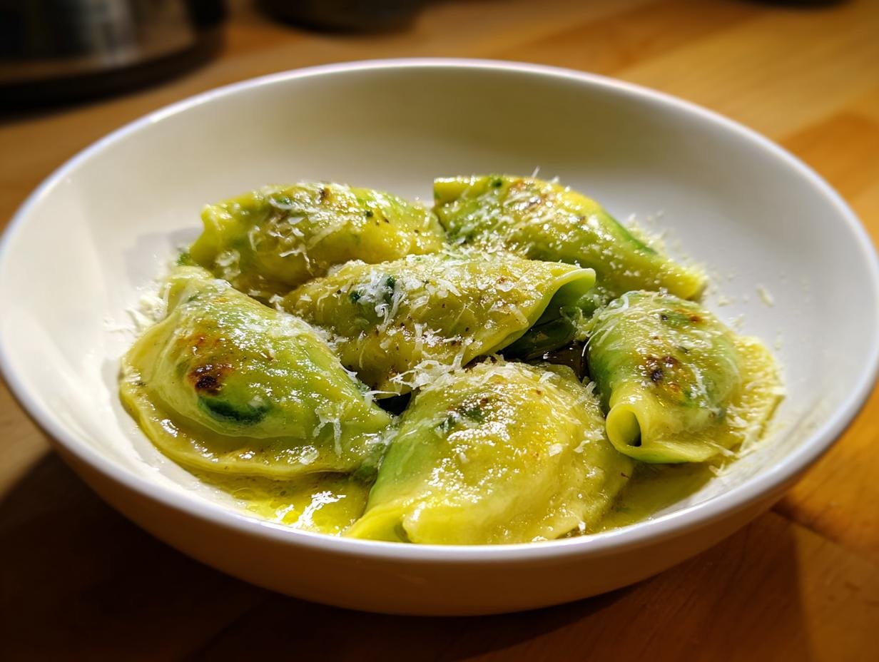 Close-up of Spinatknödel, a delicious vegetarian recipe for lunch, served in a white bowl with cheese.