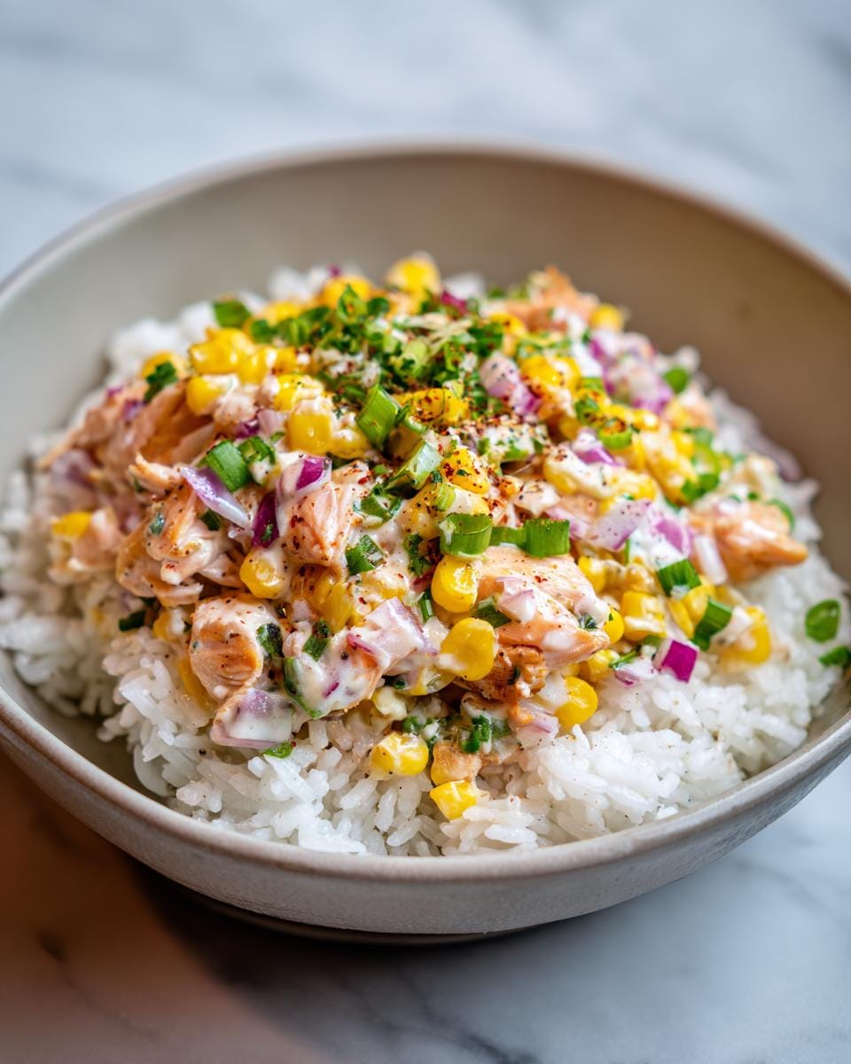 A delicious Street Corn Hähnchen Reis Bowl with chicken, corn, rice, and colorful toppings.