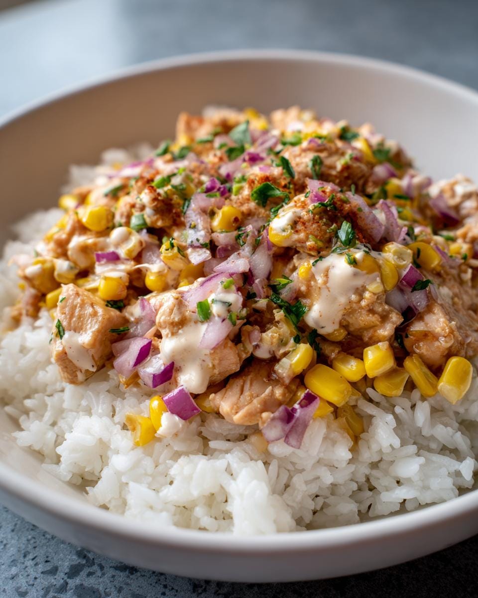Close-up of a Street Corn Hähnchen Reis Bowl, featuring rice, chicken, corn, red onion, and a creamy sauce.