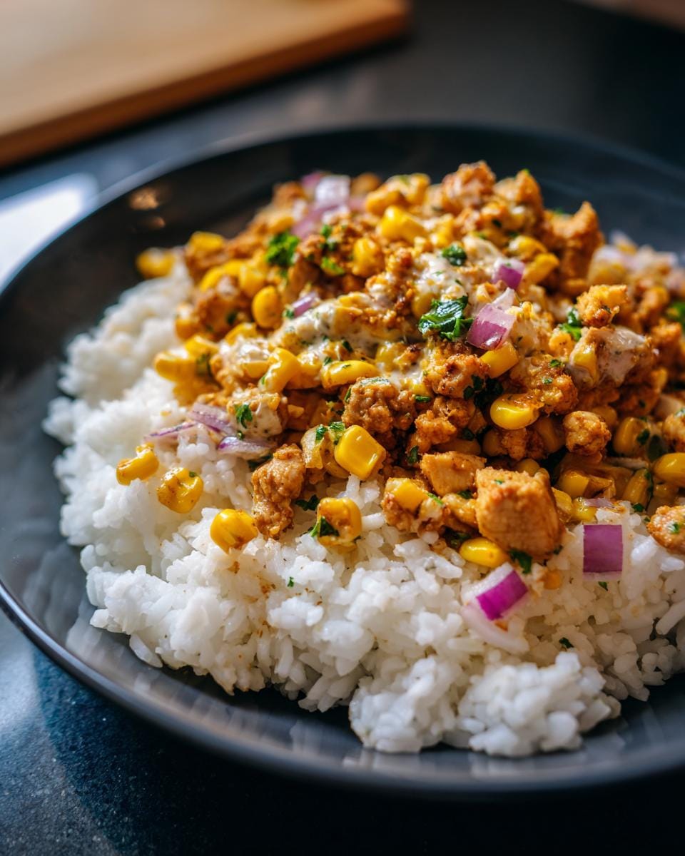 Overhead view of Street Corn Hähnchen Reis Bowl with chicken, corn, rice, and red onions on a dark plate.