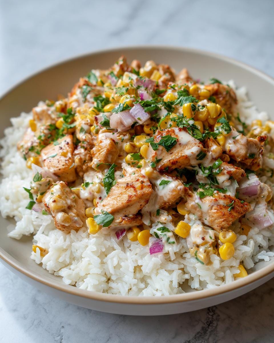 Close-up of a Street Corn Hähnchen Reis Bowl, showing chicken, corn, rice, red onion, and creamy sauce.