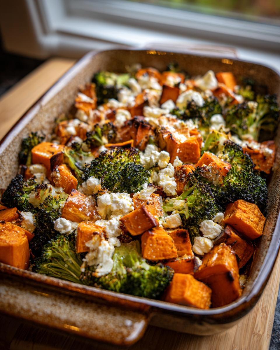 Ein Süßkartoffel-Brokkoli-Auflauf mit Feta, frisch aus dem Ofen, in einer Auflaufform.