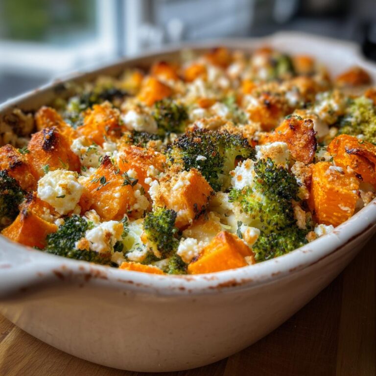 Nahaufnahme eines Süßkartoffel-Brokkoli-Auflauf mit Feta in einer Auflaufform.