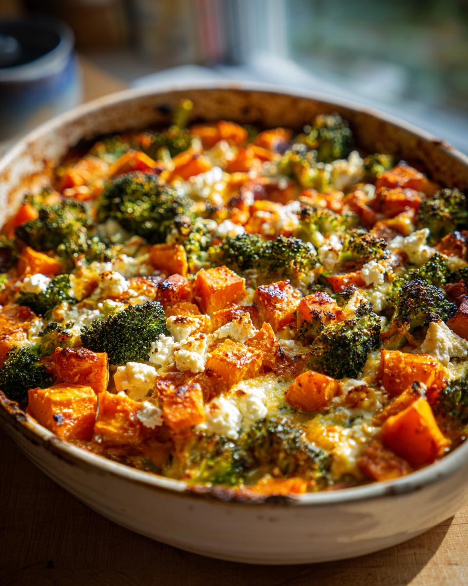 Close-up of Süßkartoffel-Brokkoli-Auflauf mit Feta in a baking dish, showing sweet potato, broccoli, and feta.