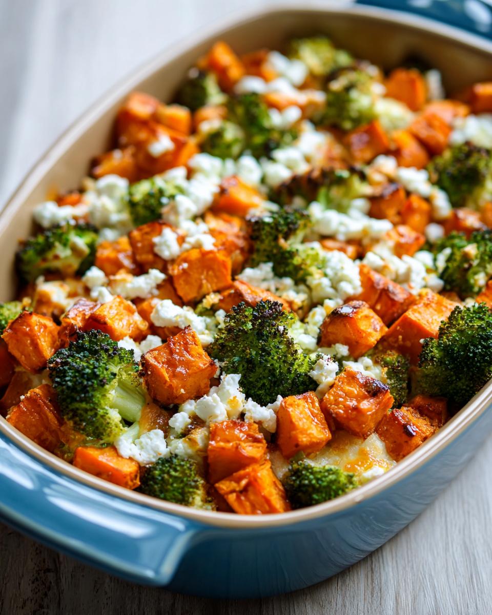 Baked Süßkartoffel-Brokkoli-Auflauf mit Feta in einer blauen Auflaufform. Nahaufnahme des Auflaufs.