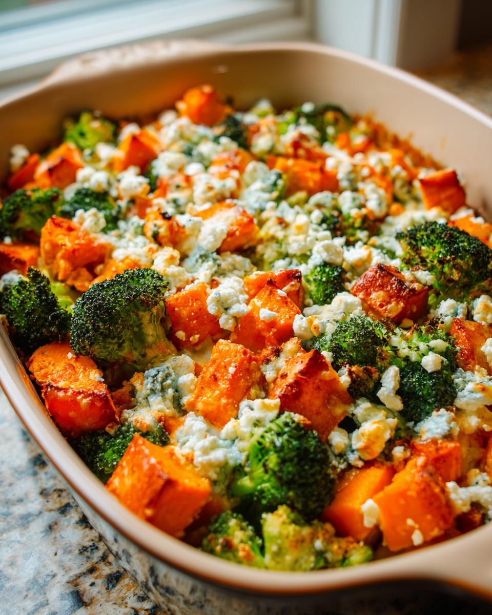 Süßkartoffel-Brokkoli-Auflauf mit Feta, gebacken im Ofen. Nahaufnahme des Auflaufs in einer Auflaufform.