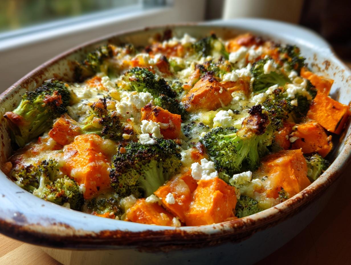 Nahaufnahme eines Süßkartoffel-Brokkoli-Auflauf mit Feta in einer Auflaufform, fertig gebacken.