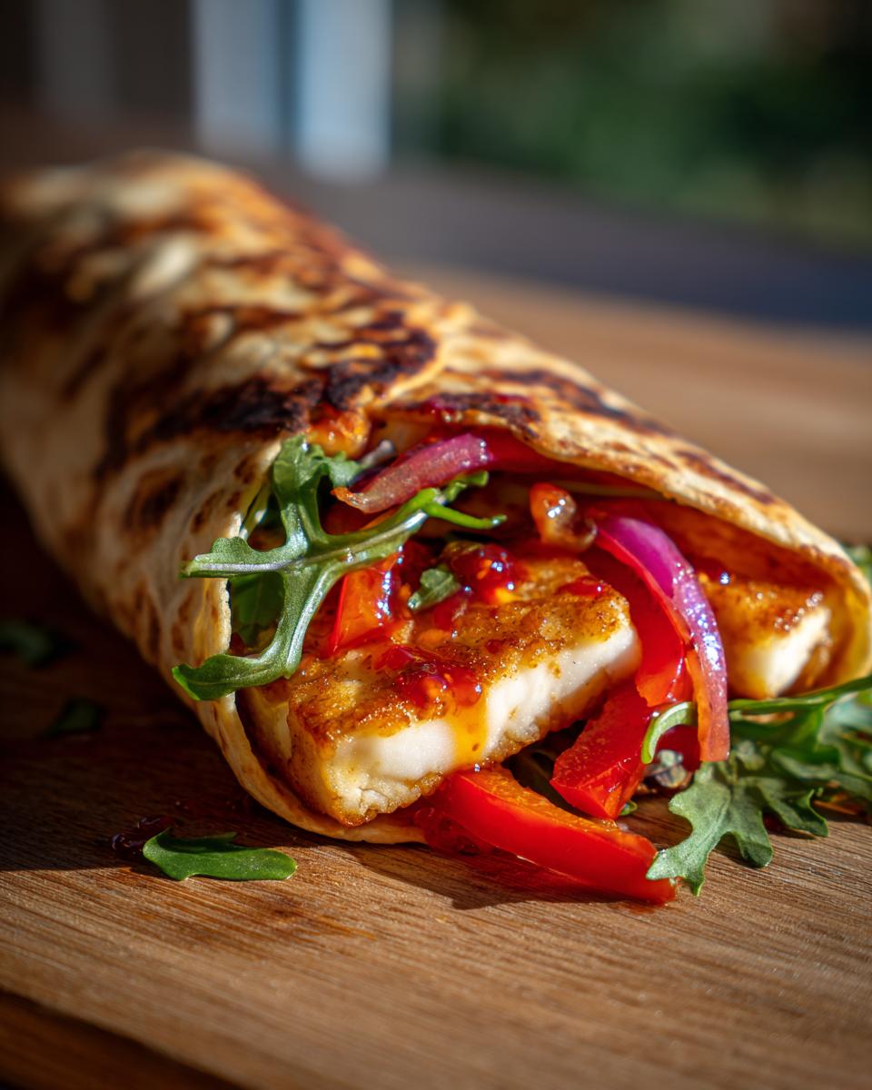 Close-up of a Sweet Chili Halloumi Wrap filled with halloumi, red peppers, onions, and arugula.