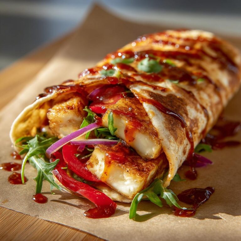 A delicious Sweet Chili Halloumi Wrap filled with halloumi, fresh greens, red peppers, and a sweet chili sauce drizzle.