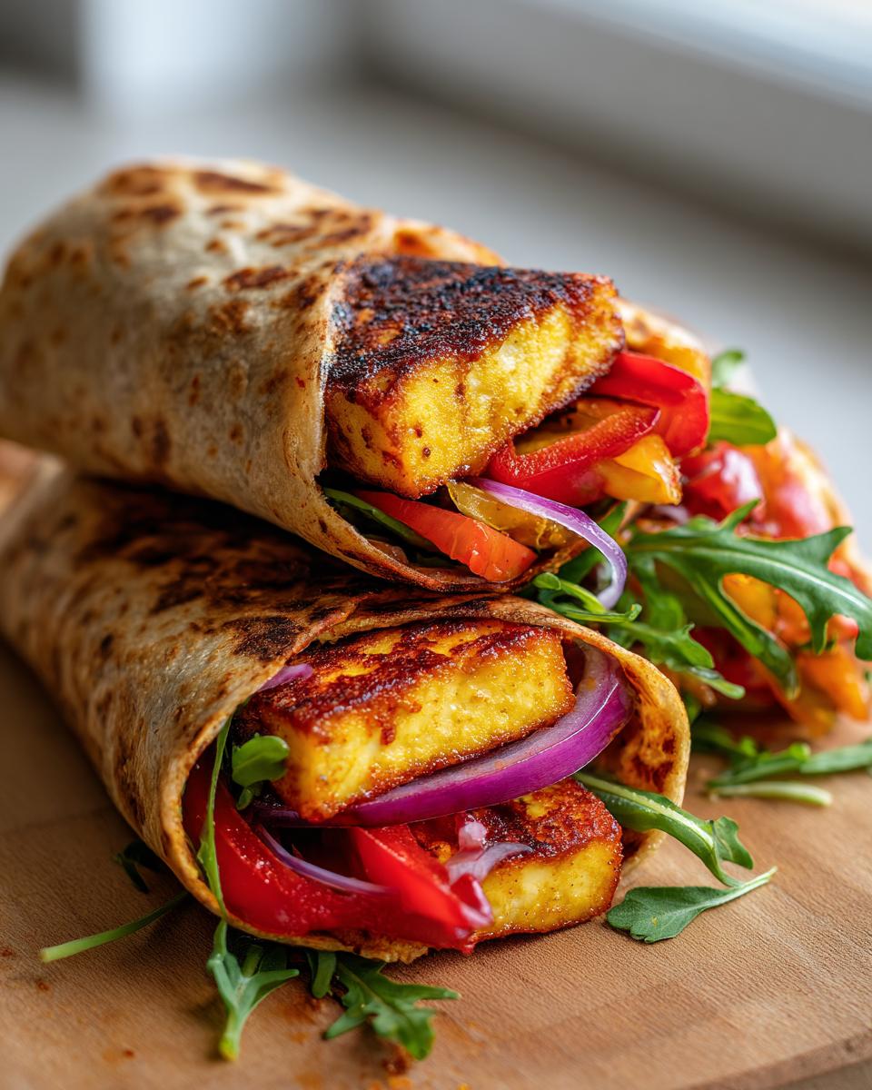 Two Sweet Chili Halloumi Wraps stacked, showing halloumi, peppers, red onion, and arugula.