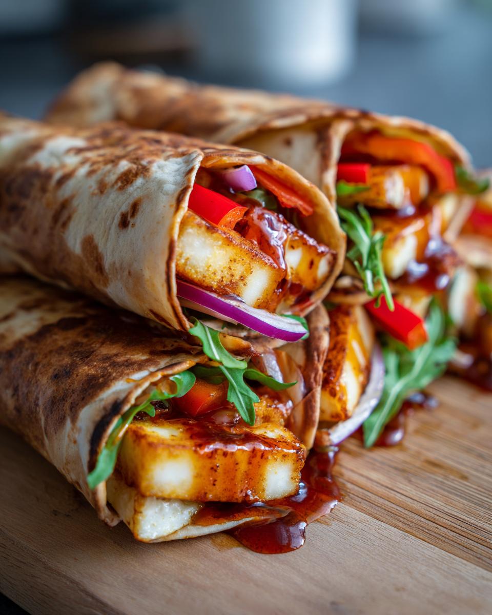 Three Sweet Chili Halloumi Wraps stacked on a wooden board, showing halloumi, peppers, and red onion.