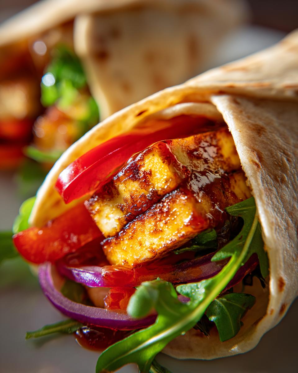 A close-up of Sweet Chili Halloumi Wraps filled with halloumi, vegetables, and chili sauce.