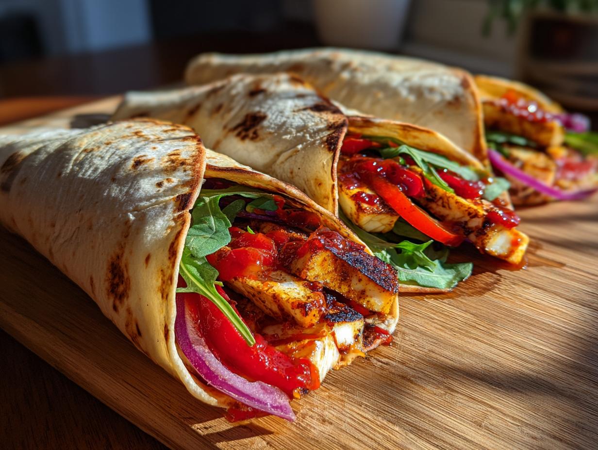 Close-up of Sweet Chili Halloumi Wraps filled with halloumi, red pepper, onion, and greens on a wooden board.