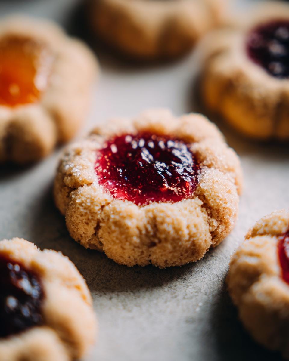 Close-up of Thumbprint Cookies als Halloween Deco with red jam filling on a baking sheet.