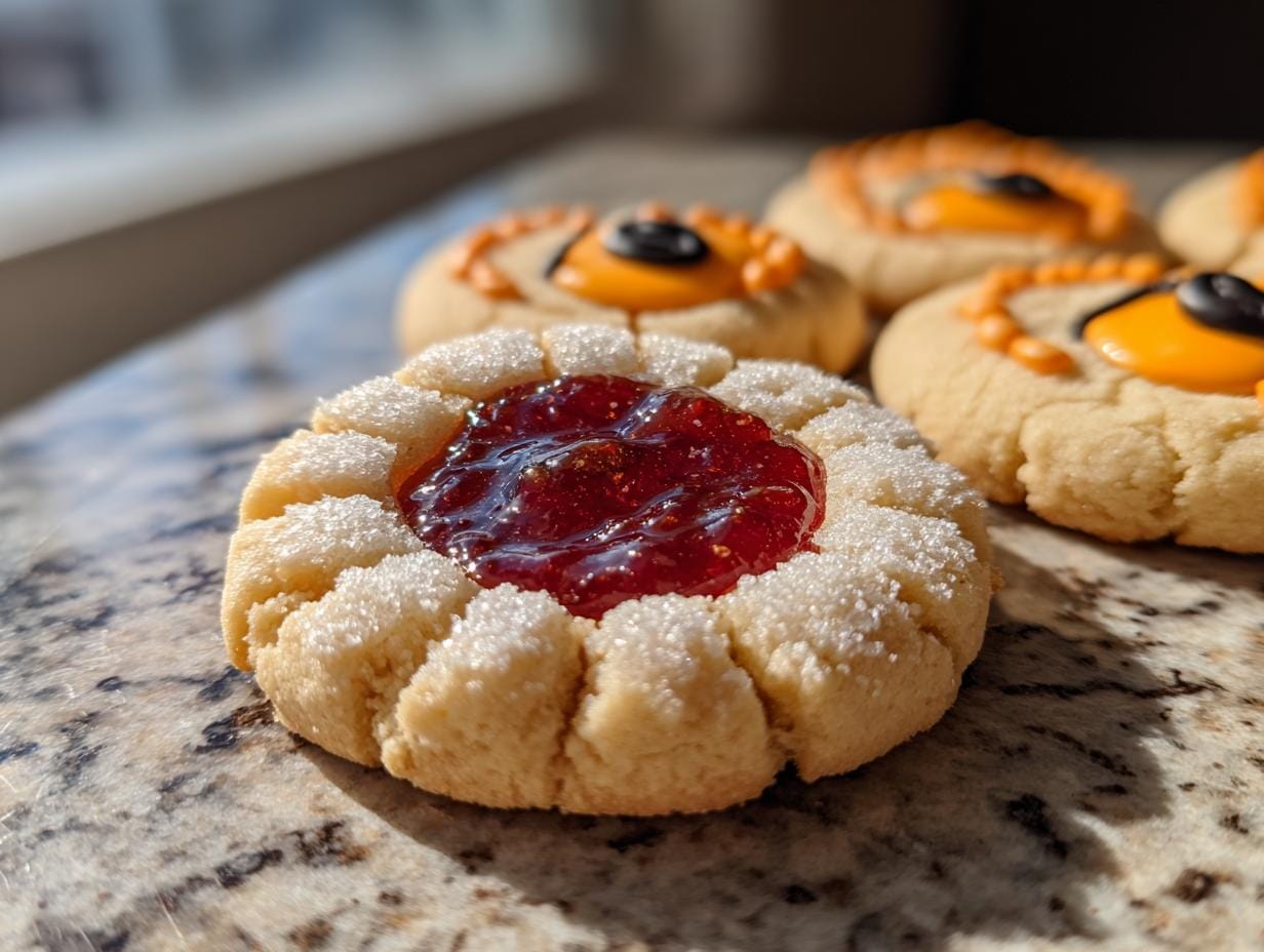 Close-up of Thumbprint Cookies als Halloween Deco, some decorated as spooky eyes.
