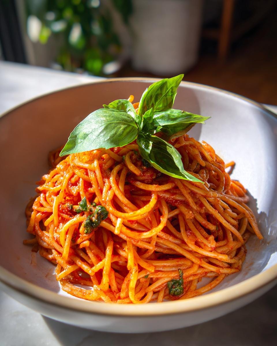 Bowl of Tomaten-Knoblauch-Pasta topped with fresh basil leaves.