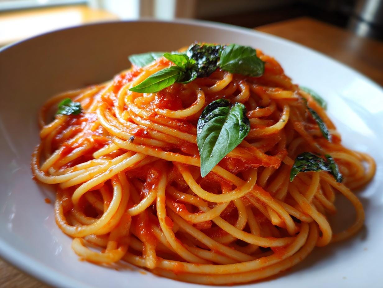 Close-up of Tomaten-Knoblauch-Pasta, a tomato garlic pasta dish, garnished with fresh basil leaves.