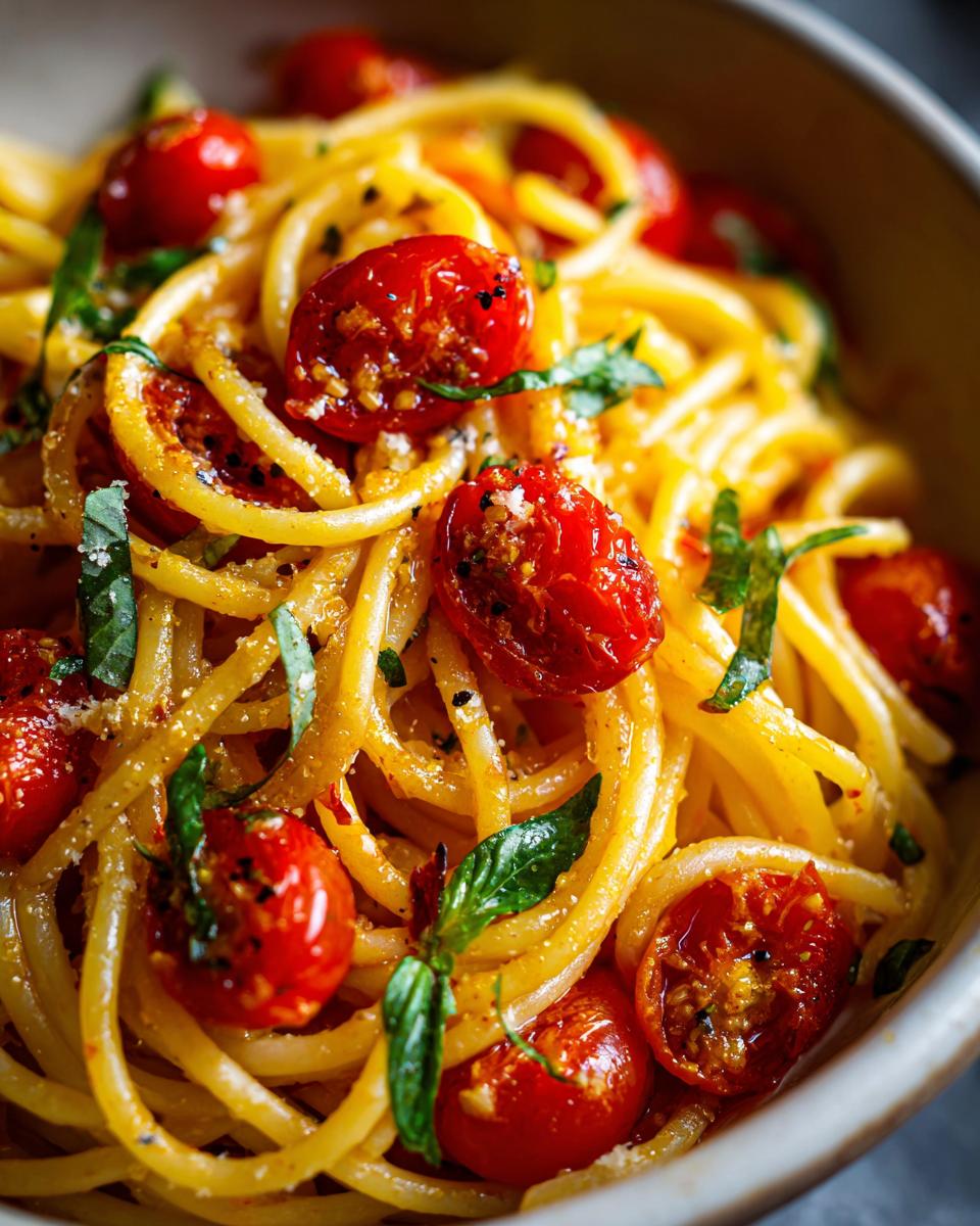 Close-up of Tomaten-Knoblauch-Pasta with cherry tomatoes and fresh basil.