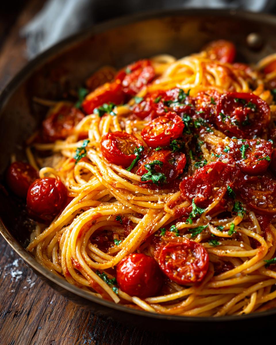 Close-up of Tomaten-Knoblauch-Pasta with roasted tomatoes, garlic, and herbs in a rustic pan.
