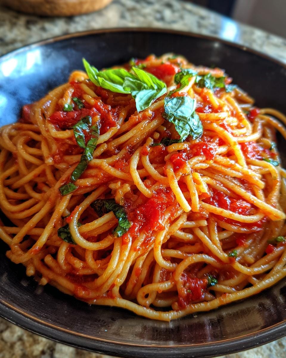 Nahaufnahme einer Schüssel Tomaten-Knoblauch-Pasta, garniert mit frischem Basilikum.
